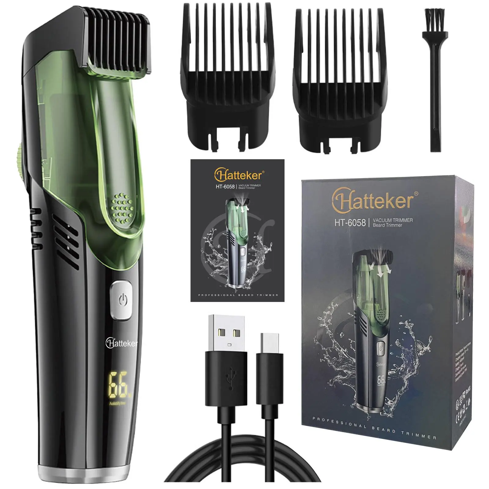 Men's Adjustable Vacuum Beard Trimmer, Cordless Hair Cutting, Rechargeable IPX6 Waterproof Design, 1-20mm Length Setting, USB Charging, Ideal for Facial Hair and Mustache Grooming