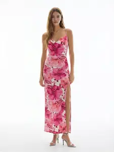 Cowl Neck Tropical Slit Dress