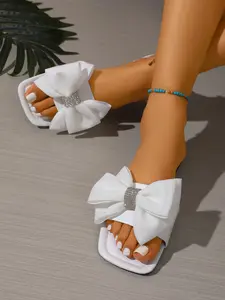 French Bow Rhinestone Square Toe Sandals, Soft PU Leather, Durable Rubber Sole, Casual Beach Slip-Ons for Women, Footwear