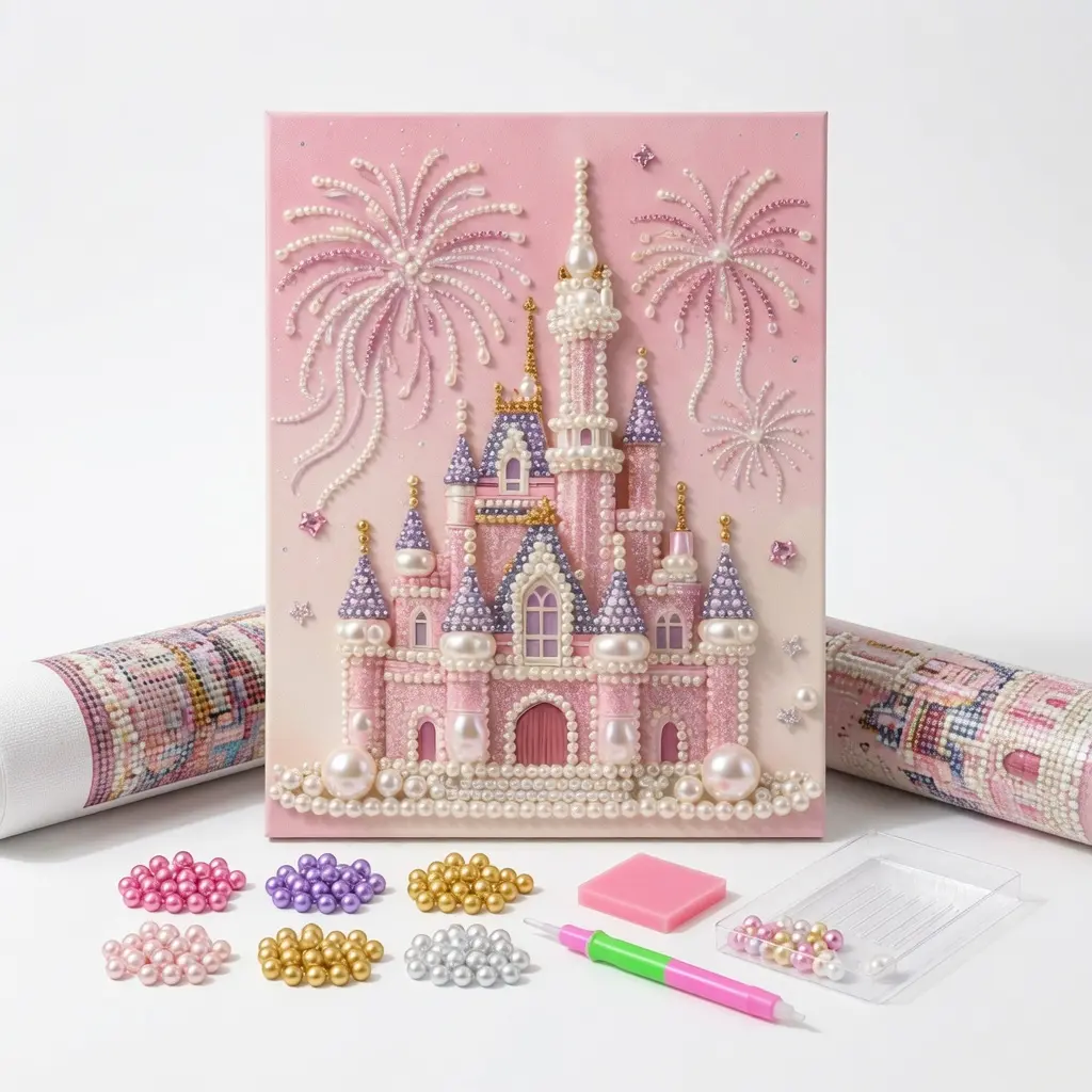 DIY 3D Resin Pearl Painting Kit - Castle Fireworks Diamond Art Craft, Stress Reliever Hobby for Adults, Frameless Gem Mosaic Home Interiors Living Rooms Decor, Beginner-Friendly Valentine’s Day Princess Castle Gift