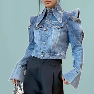 NewNew Trendy Women's Ruffled Edge Off-shoulder Denim Coat 2025 Autumn Lapel Long Sleeve Jacket Fitted Casual Chic Outerwear(Gift)11