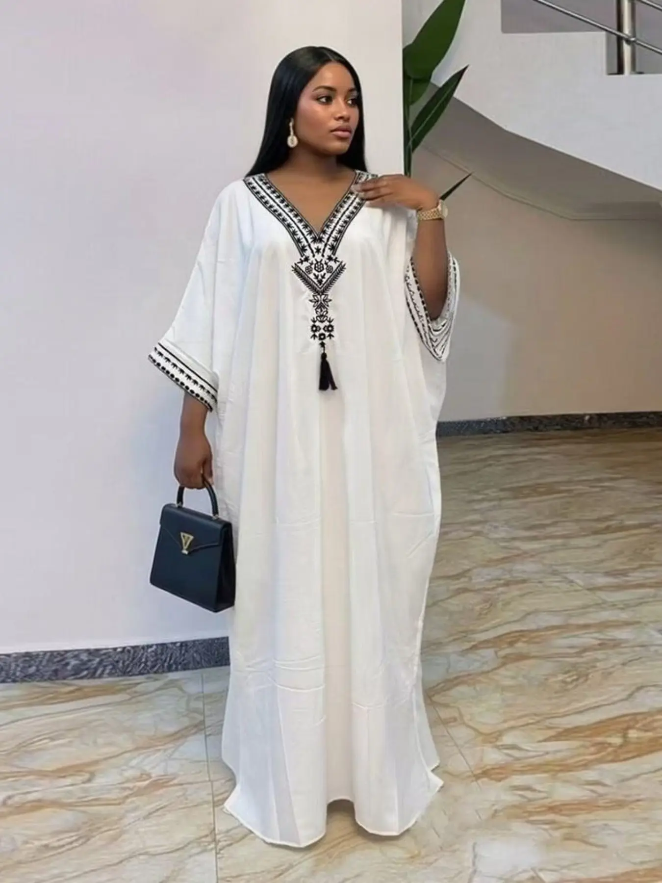 Women's Summer Solid Color Embroidered Fringe Caftan Dress with Pockets and Side Slit
