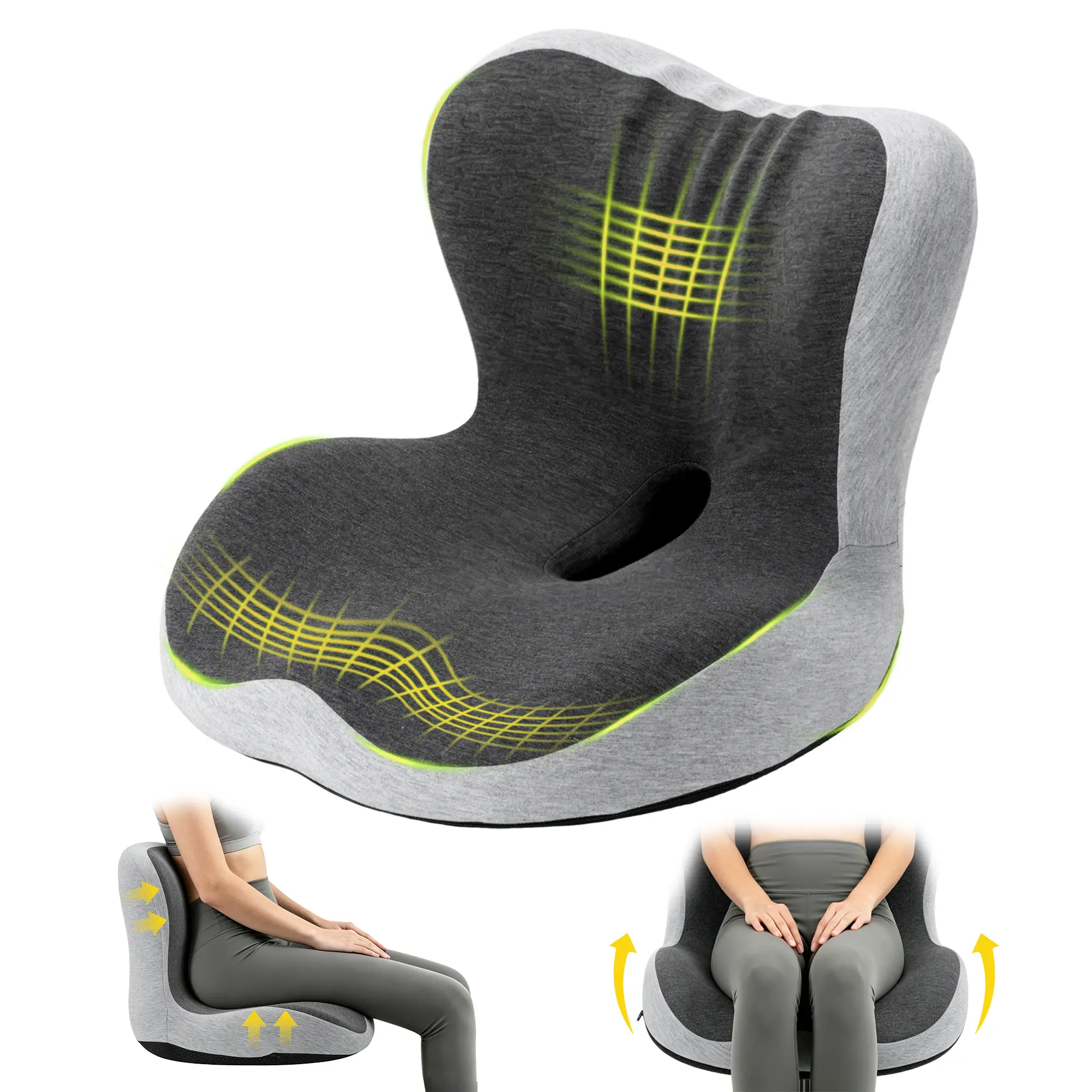 Memory Foam Seat Cushion, Office Chair Seat Cushion with L-Shaped Design, Ergonomic Back and Seat Pad Cushion for Car, Driving, Office, Black+Grey
