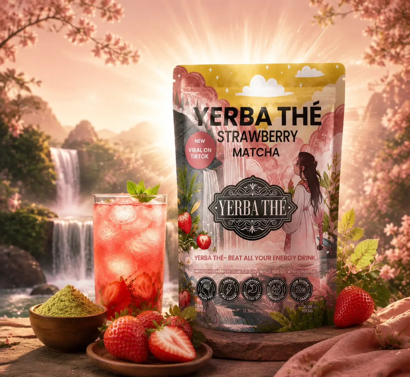 Yerba Mate Instant Tea Powder | Strawberry Matcha Blend | Low Sugar, Gluten-Free, Superfood Energy & Focus Blend
