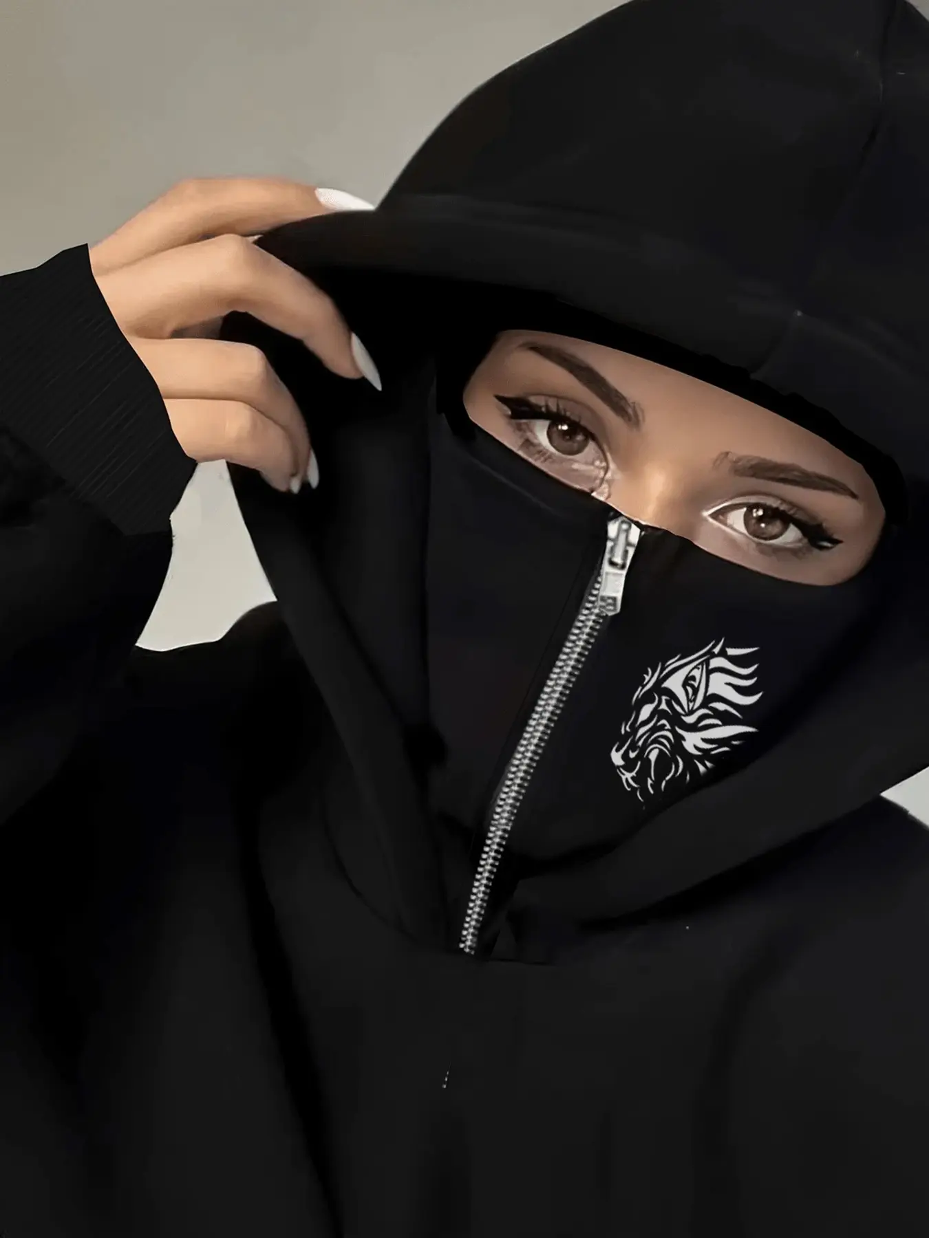 Double-Layer Hooded Sweatshirt with Pocket, Zipper, Floral Pattern, Graphic, Lion, Loose-Fitting, Casual Style, Fall & Winter Wear, Must-Have Wardrobe Addition, Graphic Hoodie Sweatshirt