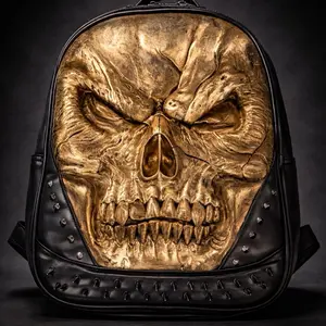 Titan Skull Gold Edition Backpack (SKU 3198) - Men's Fashion Luggage Backpack, Studded Design, Bold Skull Print, Edgy Look