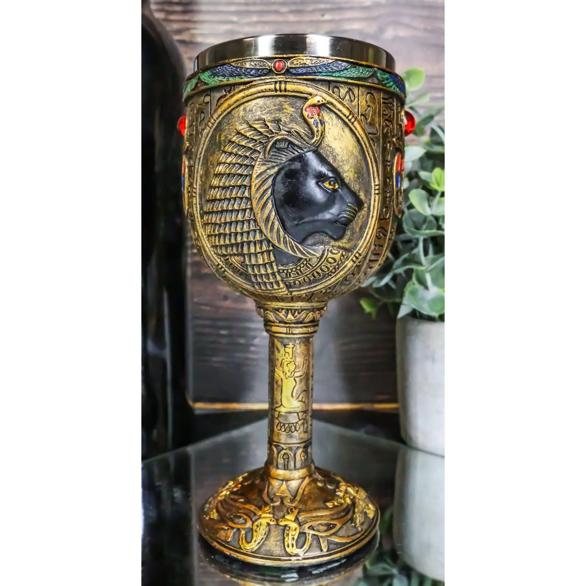 Ebros Egyptian Sekhmet 6oz Resin Wine Goblet Chalice - Ancient, Hand Painted, Golden Drinking Vessel with Stainless Steel Liner, Ebros Gift Exclusive