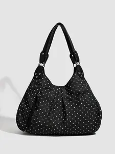 Vintage Y2K Polka Dot Large Capacity Tote Bag, Denim & Leather Strap, Handheld/sling, All Seasons, American Sweet Style, Crossbody Shoulder Bag