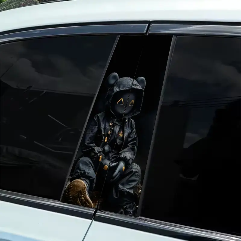 2-Piece ink-bottomed bear-shaped Kuroshio pattern B-pillar sticker, waterproof, scratch-resistant, suitable for all models, Audi, Honda, Ford, Volkswagen, BMW, Sedan, SUV, MPV, Car Decals, Car Stickers