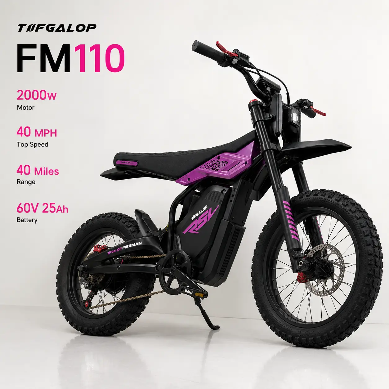 TIFGALOP FM110 2000W Motor Moped-Style Electric Dirt Bike for Adults - 40 MPH, 40 Mi Range, 60V 25Ah Removable Battery, Fat-Tire Off-Road Ebike, Full Suspension, Hydraulic Brake, 1000 W & Above Power, 12 Months Support, 60V 25Ah Battery