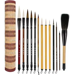 13PCS Chinese Calligraphy Brush Set, Writing Brush with Bamboo Storage Scoll, Japanese or Chinese Kanji Sumi-E Drawing Watercolor Brush