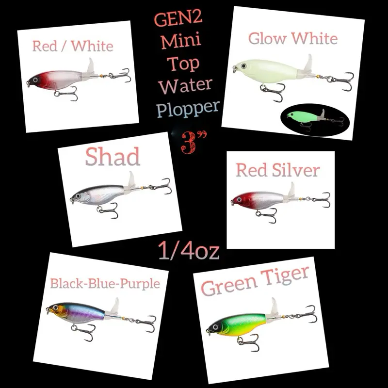 GEN2 Mini Top Water Plopper 3” 1/4oz - Red/White, Glow White, Shad, Red Silver, Black-Blue-Purple, Green Tiger Colors