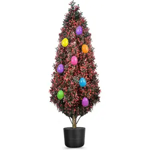 Easter Decoration Outdoor, 3 FT Artificial Tree with Easter Eggs, Fake Topiary Boxwood with Planter, UV Resistant Faux Bushes Plants Evergreen for Home & Porch Office Indoor Spring Decor