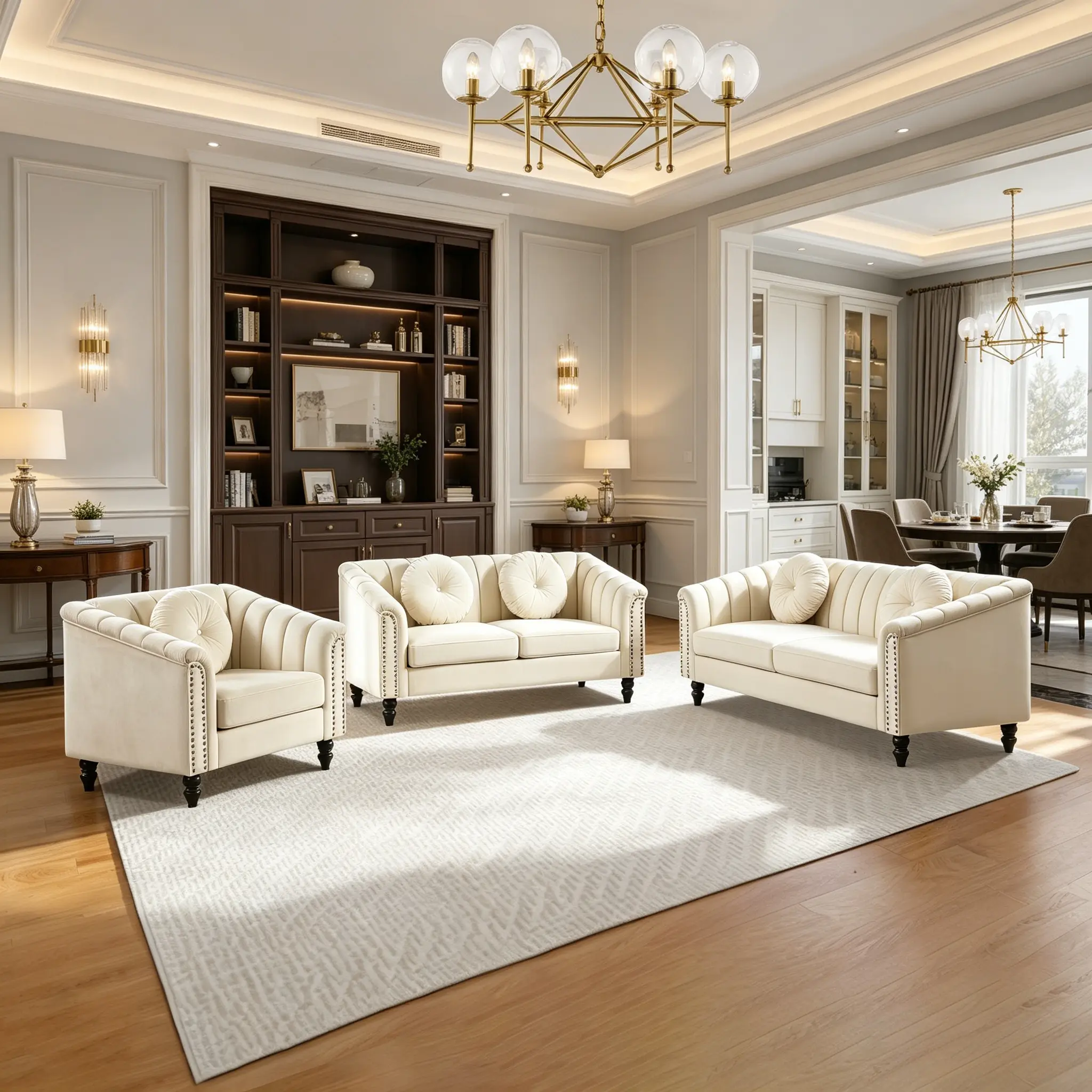 White 3-Piece 6-Seat Conversation Sofa Set - Indoor Rectangle Couch with Fixed Arms, Plush Dense Cushions, Sturdy Frame, Fine Stitching, Breathable Wear-Resistant Pilling-Resistant Fabric, Assembly Required Living Room Sofas for Modern Home Decor