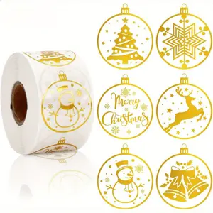 500 Gold Foil Christmas Stickers, Round Adhesive Labels with Snowman, Snowflake & Reindeer Designs, Perfect for Invitations, Cards, Gifts
