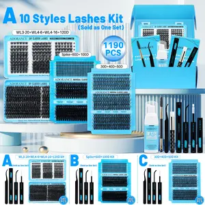 1190/540/350pcs Lash Clusters Kit, Cosmetic Eyelash Extension, D Curl 10 Styles 10-18 mm Spikes/Natural/Volume with Bond & Seal, Lash Remover, Lash Brush, Lash Applicator, Eyelash Extension Tweezers, for Beginners and Pros, DIY at Home