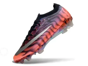 Holographic Gradient Pink Purple Tiger Stripe Flyknit Fabric Silver Grey Accent Low Cut Pro Soccer Cleats, Rainbow Iridescent Clear Long Stud Anti-Slip Outsole Lightweight Breathable Speed Training Boots For Men Women Natural Grass League Match Footwear