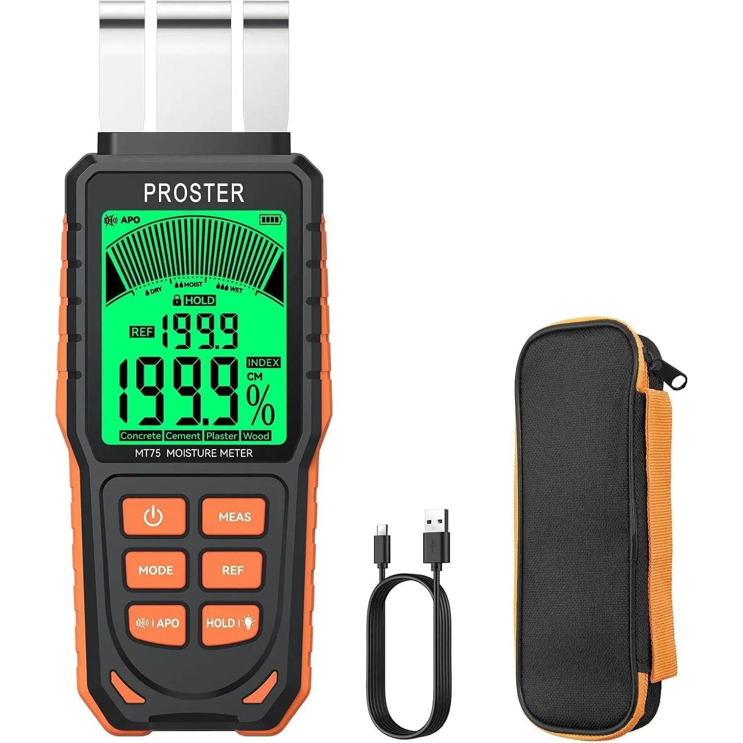 Proster Rechargeable Pinless Moisture Detector with Handheld Grip, 5 Modes (Index, Concrete, Cement, Plaster, Wood), 3-Colour Screen, Visual Alert & Sound Alerts, 40mm Detection for Walls Testing on Multiple Surfaces