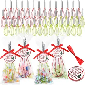 48 Sets 12 Inch Christmas Whisks Gifts DIY Fillable Christmas Tree Ornaments Xmas Colored Silicone Whisks for Cooking Heat Resistant Egg Beaters with Card Rope Bag for Candy Holder