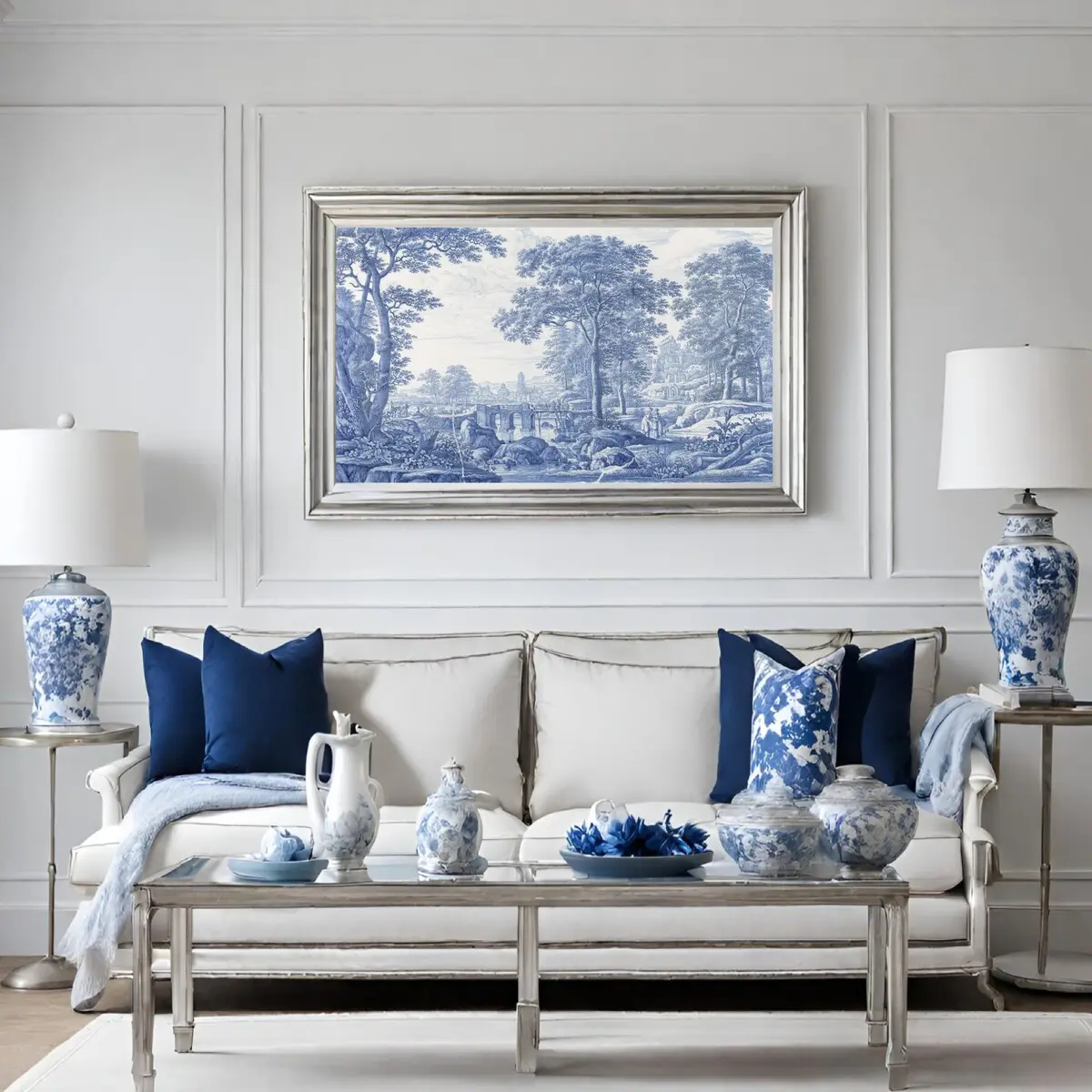 Blue White Decoration, Hamptons Ornament, Chinoiserie Art Print, Vintage Printing, Unframed, Room Decor, Toile De Jouy Wall Art Print, Horizontal Poster
