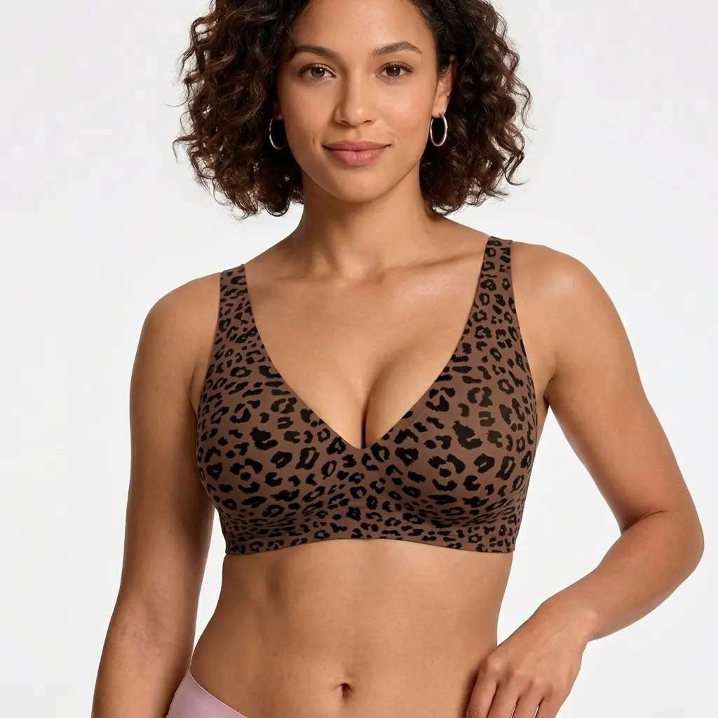XCVIA Womens Jelly Bras Wireless Comfortable Soft Push Up Bralettes Seamless Tshirts Bras Deep V Everyday Bras Wire-Free Leopard Womenswear  Comfy