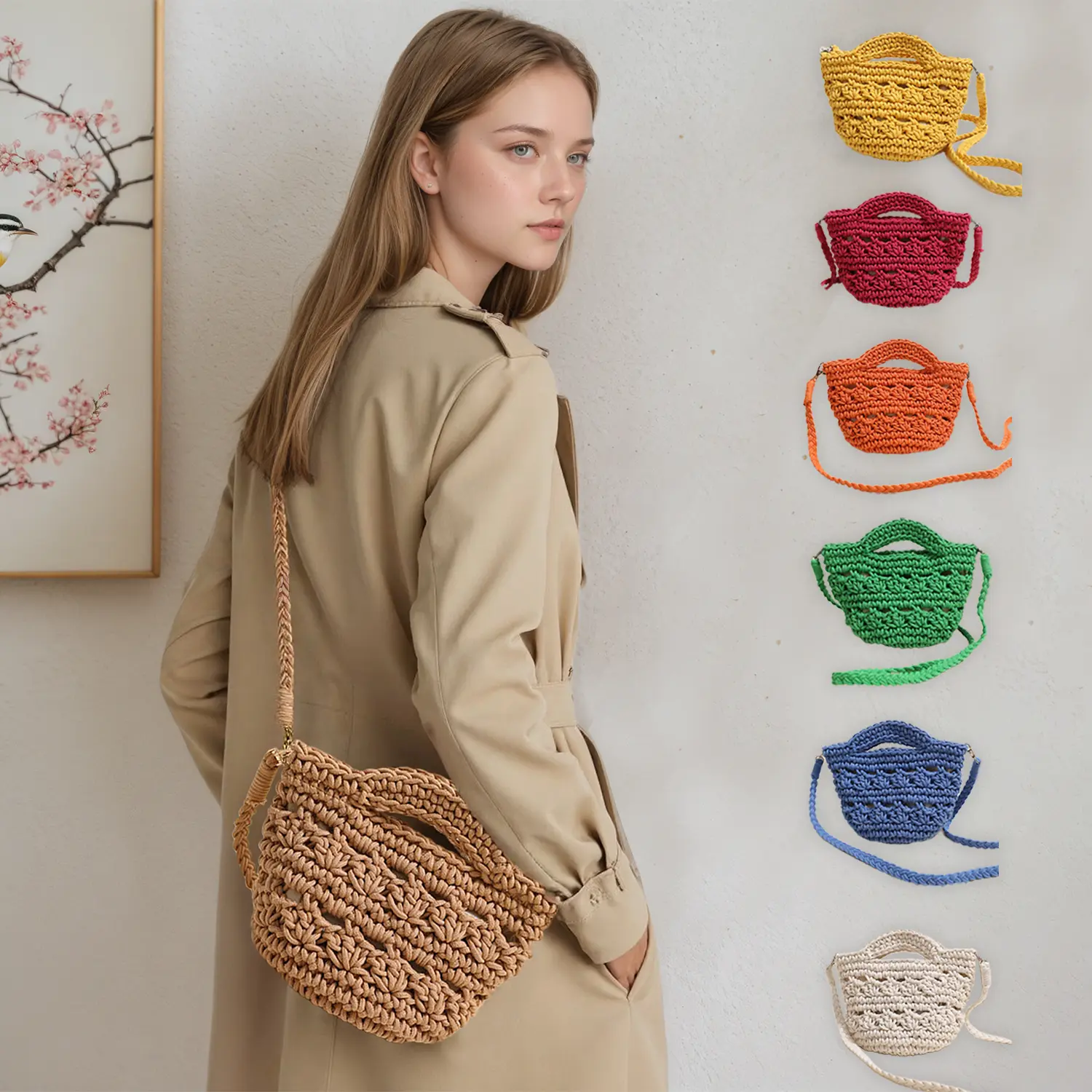 Women's Chic Plain Cotton Crochet Messenger Bag - Double-Handle Shoulder Tote with Magnetic Closure, Lightweight Casual Multi-Function Bag for Party, None Extra Accessories Included