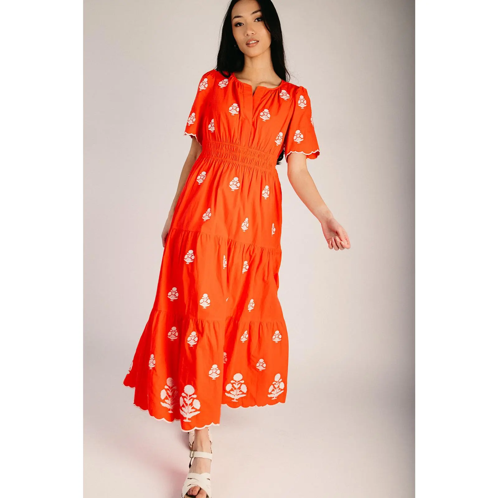 The Lundell Embroidered Maxi Dress in Tomato