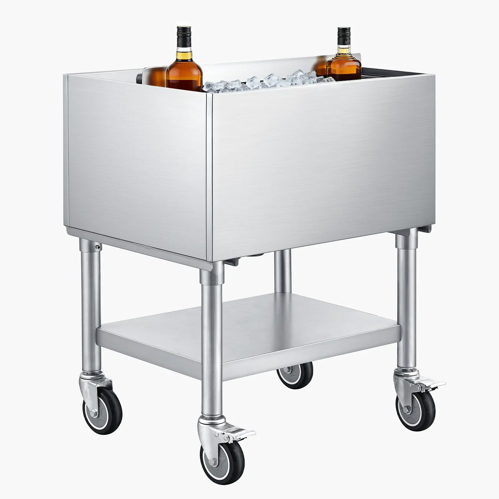 VEVOR Commercial Extra-Large Capacity Ice Bucket, 65.1 Qt Stainless Steel Insulated Ice Bin (24 x 19 x 35 in, 54.01 lbs) with Polyurethane Foam Insulation, Sliding Lid, Bottle Holders, Locking Casters, NSF Certified for Restaurants