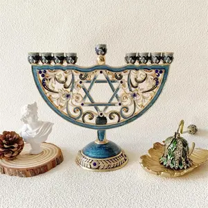 1 Piece David Star Menorah Candle Holder, Vintage Enamel Hollow Design, Jewish Holiday Decoration for Home & Rituals, Elegant with Colorful Enamel and Diamond Accents