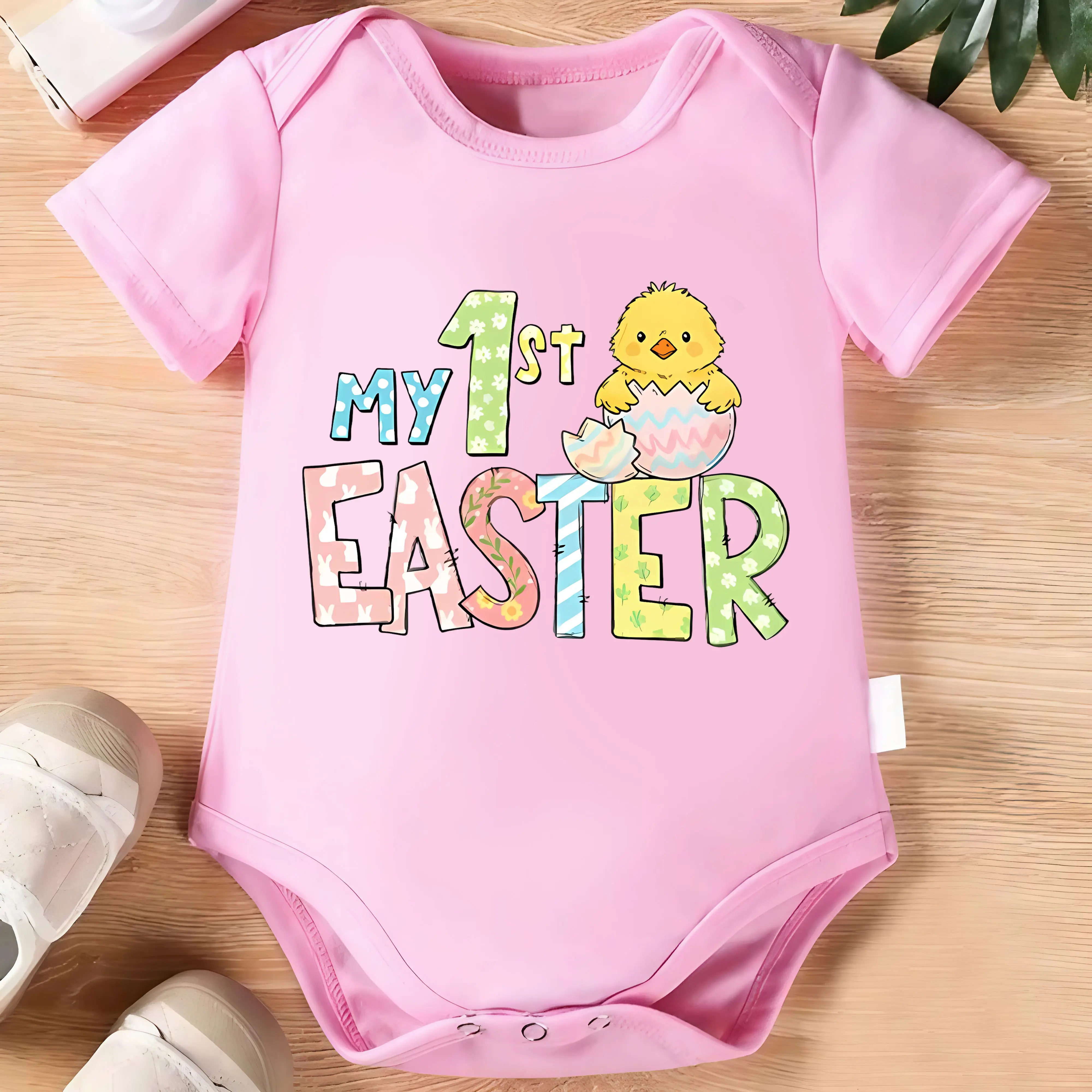 My First Easter Baby Romper with Cute Chick Pattern Pastel Easter Newborn Gift Pure Cotton Material for Toddlers 0-18M