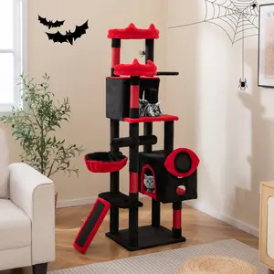 COSTWAY - Large Gothic Cat Tree with Cat Condos and Plush Perches-Black & Red
