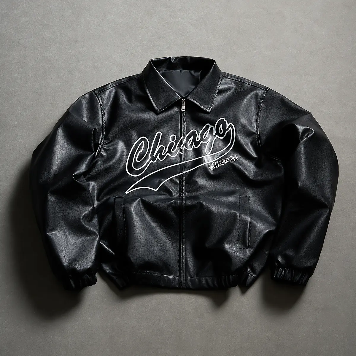 Men’s Chicago Lettering Turn-Down Collar Cropped PU Leather Jacket – American vintage full-zip leather outerwear, suitable for street style, everyday outings, and retro looks