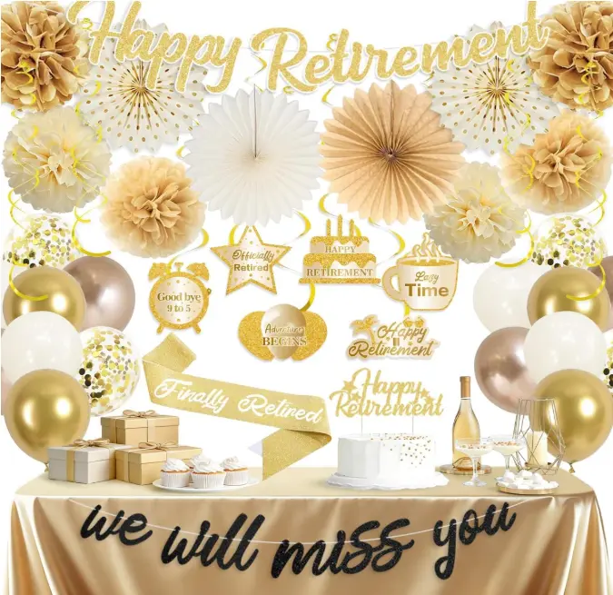 Mokeja Retirement Decorations for Women Men, Gold Official Retired, Happy Retirement Banner Swirls Party Supplies Retired Farewell Party Set Work Graduation Party Decorations