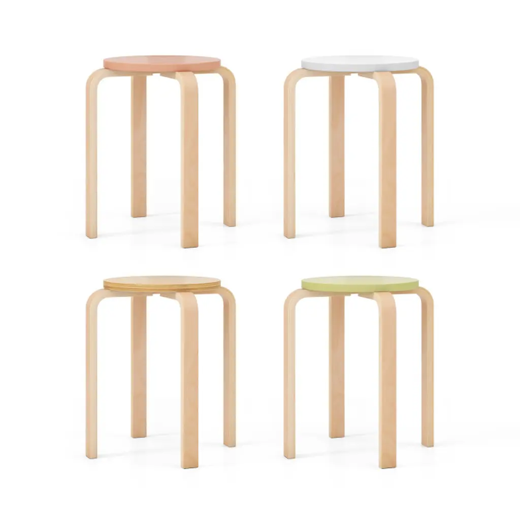 4 Pcs Wooden Round Stools Stackable Bentwood Chairs Modern Minimalist Solid Wood for Adults Kids 330 lbs Capacity Backless Space-Saving Smooth Waterproof Surface Easy Assembly Living Room Kitchen Dining Classroom Daycare Multi-Purpose Set