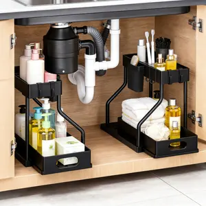 2 Pack Under Sink Organizer, Bathroom Organizers and Storage, 2 Tier Multi-Use Pull Out Cabinet Organizer with Hang Hooks and Cups
