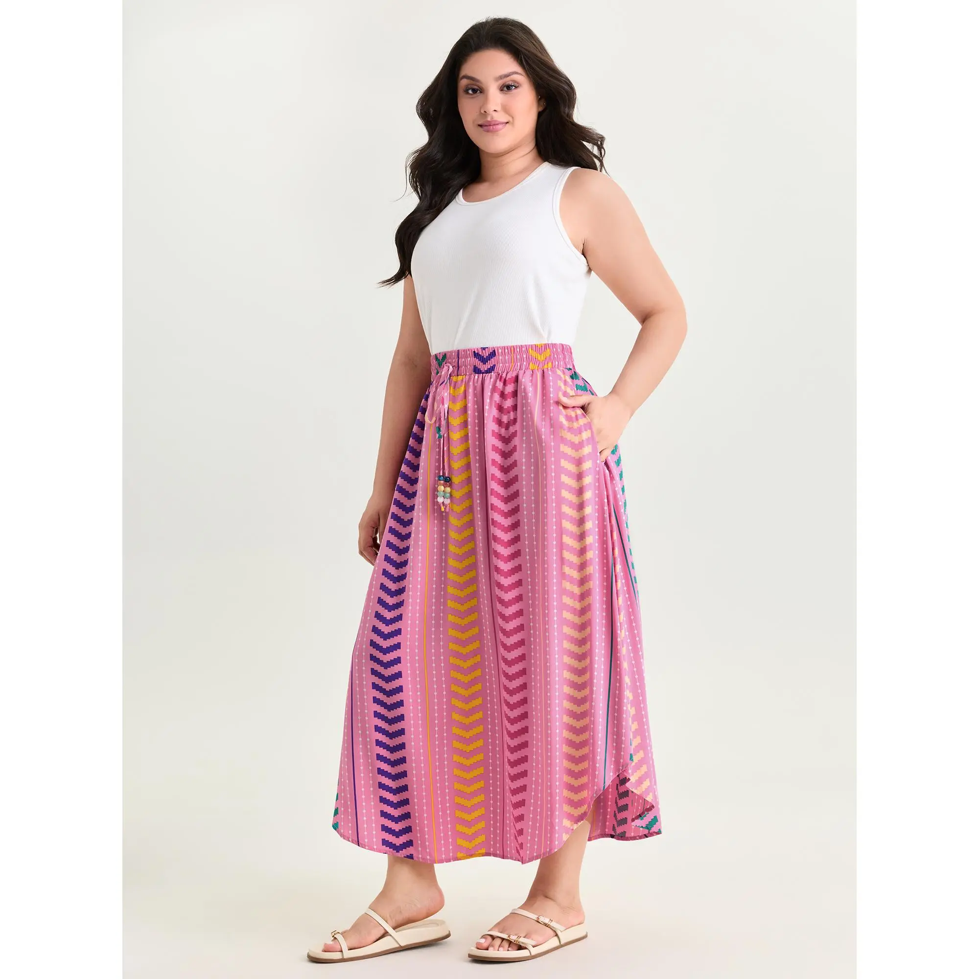 BLOOMCHIC Women's Plus Size Geometric Striped Print Drawstring Maxi Skirt - Smooth Rayon Fabric, Fitted, Pocket, M-6X Sizing, 2026 Summer Fashion Casual Skirt, Women's Bottoms, Summer Finds, Lace Up, Cold Wash, Garment, Machine Wash, Long, Maxi Skirts