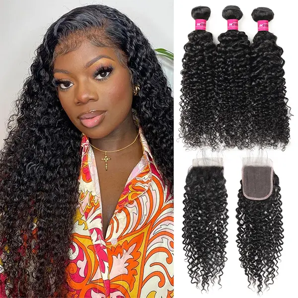 Kinky Curly Bundles With Closure 4x4 Inch Curly Human Hair Bundles With Closure 3PCS Bundles With Closure