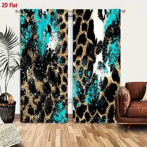 2D Flat  Leopard Print Black White Turquoise Blue Gold Spotted Curtain 2-Piece Set, Modern Abstract Splattered Pattern Decorative Curtains for Living Room Bedroom, Bold Vibrant Animal Print Window Drapes