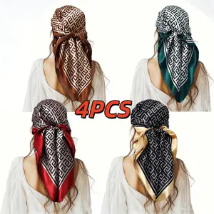 4/1 piece set retro geometric print headscarf set | women's fashion hairband - oversized 35in*35in square scarf handkerchief, Fashion Hair Scarves