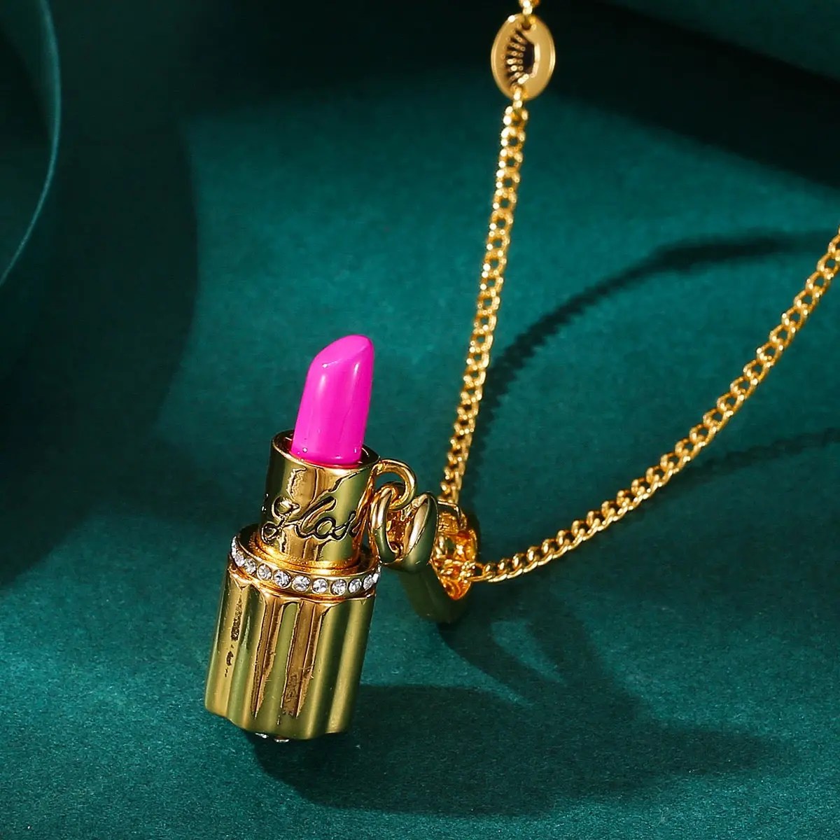 Pink Lipstick Charm Non-Natural Crystal Necklace - Glam Beauty Pendant, Chic Makeup Jewelry for Fashion Lovers