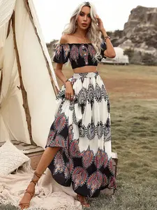 Women’s Two-Piece Set Featuring An Elegant Ethnic-Style Print: A Cropped Top with A Square Neckline Paired with A High-Waisted Long Skirt with A Ruched Hem. Summer Bohemian-Inspired Casual Comfort—Suitable for Everyday Wear, Holidays, and Vacations