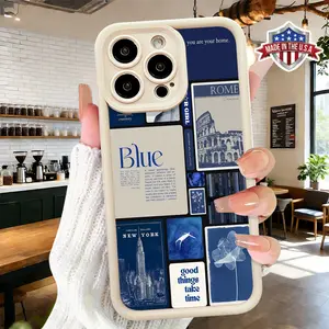 Minimalist Blue Vintage Collage Aesthetic Pattern Case for iPhone 17 16 15 14 Pro Max 13 12 11 XR XS Plus Air Slim Shockproof Anti Drop Protective Lightweight TPU Cover