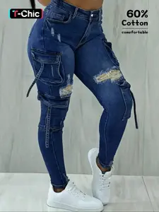 Y2K women's street style Womenswear Streetwear multi-pocket cropped work Stretchy Cargo Denim Jeans Pants with flap pockets for autumn and winter, perfect for Christmas fashion