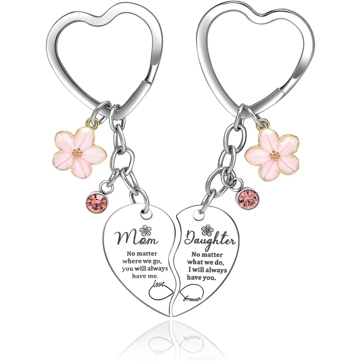 Mother Daughter Keychain Set, 2-Piece Cute Matching Heart Pendants with Pink Flower Rhinestones, Alloy Keychain Accessory Gift for Birthday, Cute Keychains