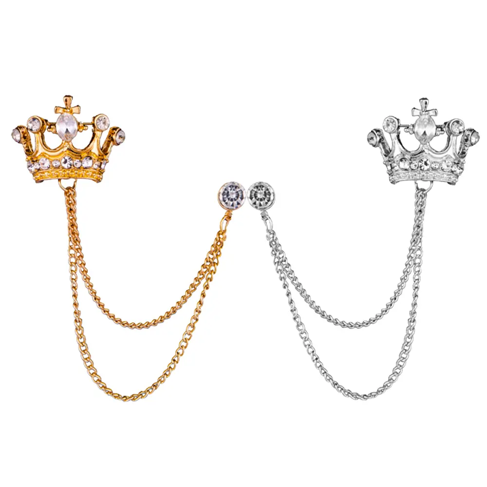 2pcs Men's Brooch Suit Pin Badge with Chains Women Brooch Lapel Pin Shirts Collar Chain Crown Layers Tassel Chain Suit Collar Shirt Studs Lapel Stick Crystal Jewelry Accessories Shirt Decoration Party Dressing Supplies Birthday Present