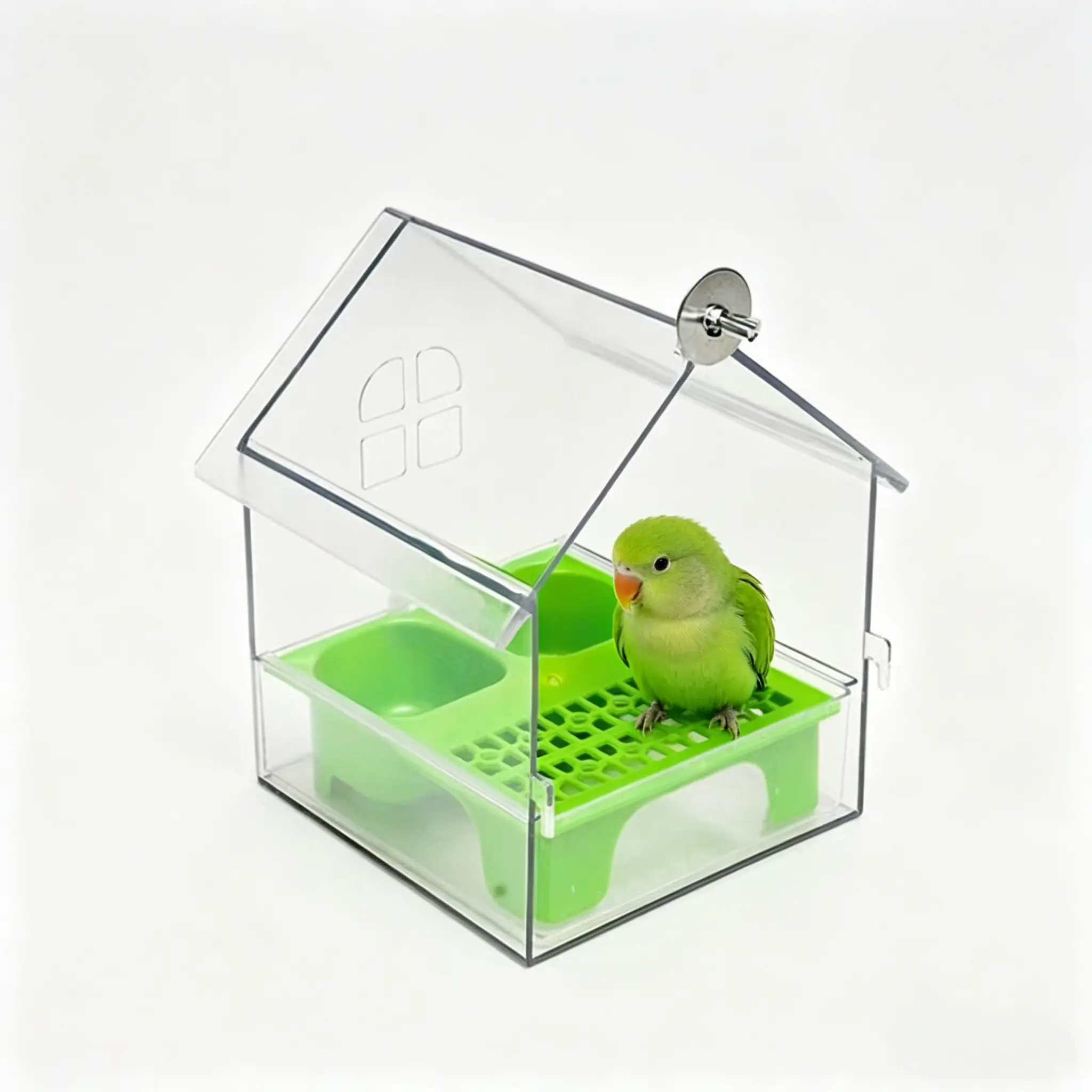 2-in-1 Roofed Acrylic Plastic Bird Feeder Station with Parrot Feed&Bath, Seed-Husk Sieve, Panoramic Pull-Out Drawer, Mess-Free Bird Supplies Feeding Tool, Small-Medium