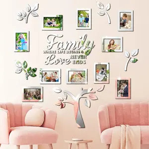 Family Tree Wall Decal Acrylic 3D DIY Mirror Sticker Photo Frames Removable Wall Art Decals Home Decorations for Living Room Bedroom Kitchen Dining Office, 47 x 47 Inch(Black)