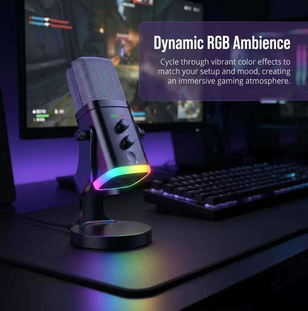 Compact XLR-USB Dynamic Microphone - PC Compatible, Audio Enhancement, RGB Lighting, Mute Button, Headphone Jack, Desktop Stand, Ideal for Streaming, Content Creation, Podcast Setup