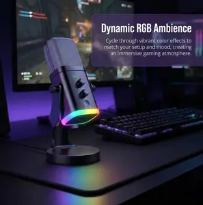 Compact XLR-USB Dynamic Microphone with Audio Enhancement, RGB Lights, Mute Button, Headphone Jack, Desktop Stand, Ideal for Streaming, Gaming, PC Podcasting, Singing & Content Creation