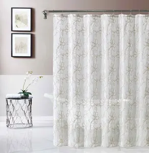 HomeRoots 399743 72 x 70 x 1 in. Tan & White Floral Embroider Shower Curtain
